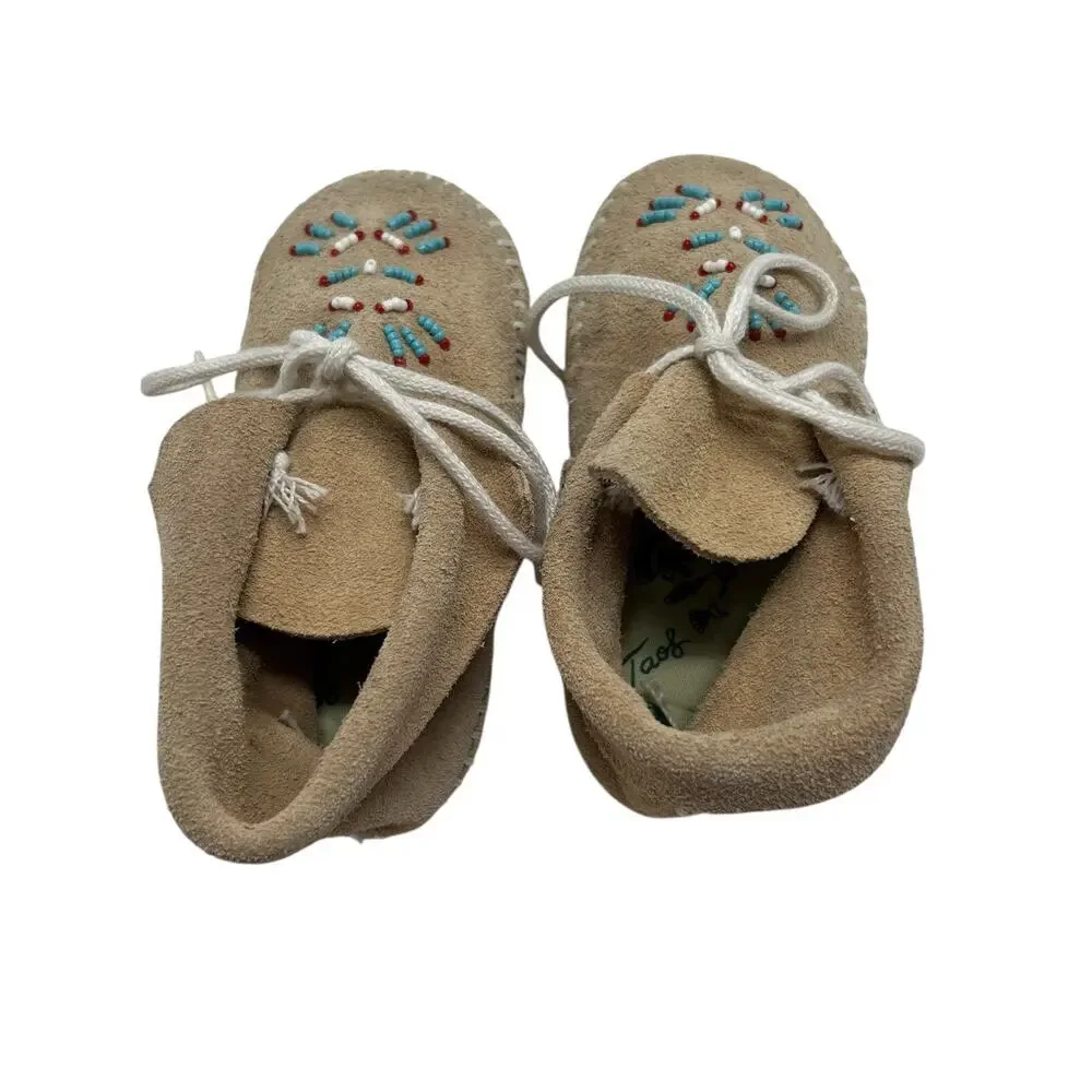 VTG TAOS Baby Infant Deer Skin Leather Moccasins Native Beaded Bird Shoes 9-12mo